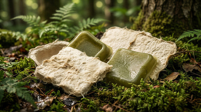 Two square bars of natural green herbal soap resting on textured paper packaging within a lush deep forest woodland setting