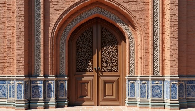 Entrance facade has ornate arched wooden door set in brick wall. Decorative tiled base and textured pilasters frame entryway. Classic historic architecture detail.