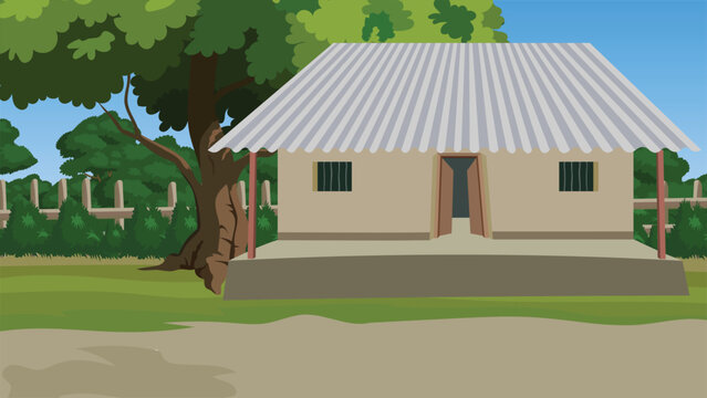 Rural architectural illustration showing a single-story clay house with a wide gray corrugated metal roof standing next to a large tree trunk on a raised platform in an Indian village.