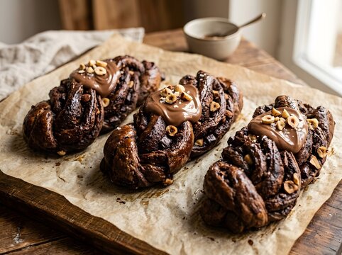 Rich chocolate babka braided with hazelnut spread and topped with nuts on parchment paper during a soft morning light