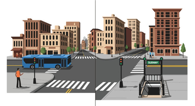 Modern city intersection showing a blue public transport bus and an underground subway station entrance graphic