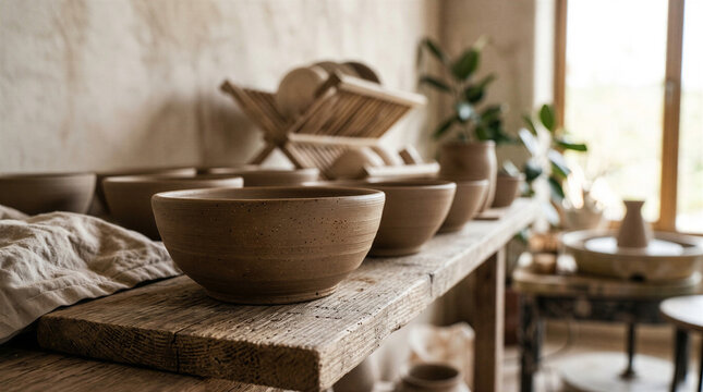 Multiple handmade rustic ceramic bowls resting on a weathered wooden workbench inside a bright airy pottery studio craft workshop space