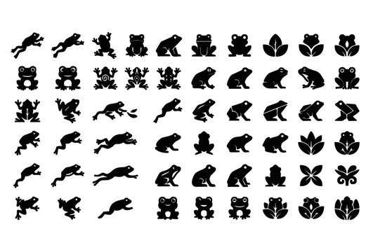 Black Frog Silhouette Vector Icon Set Jumping Sitting Toad Amphibian Poses Collection White Background