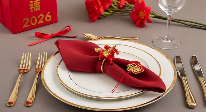 Elegant Red Lunar New Year Table Setting with Gold Dinnerware and Festive Decorations
