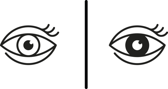 📋 Title: Standard human eye with upper eyelashes vector icon set. Minimalist sight vision and observation line art symbol with outline and filled styles for optical clinic and interface.