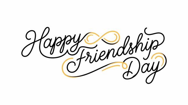 Elegant thin line happy friendship day calligraphy with golden flourish details on white backdrop.