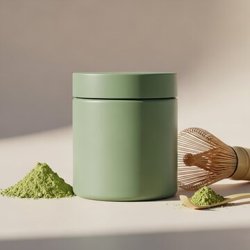 A mockup of a green skincare product container with matcha powder and a bamboo whisk on a clean surface for natural product display