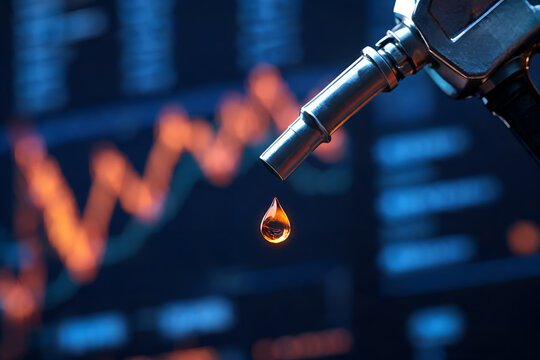 Close up of fuel pump nozzle with drop of gasoline and financial chart showing market trends