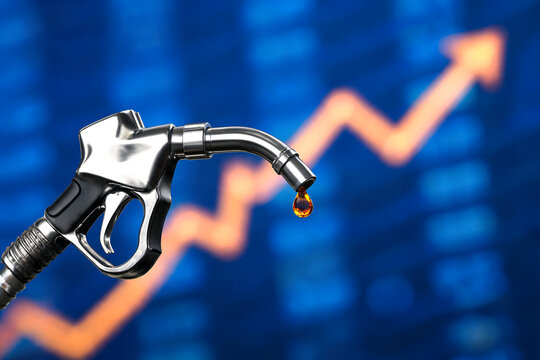 Fuel dispenser nozzle with drop and upward trending stock market graph symbolizing rising prices