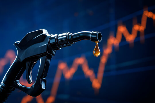 Gasoline nozzle with drop of fuel and fluctuating stock market graph in background