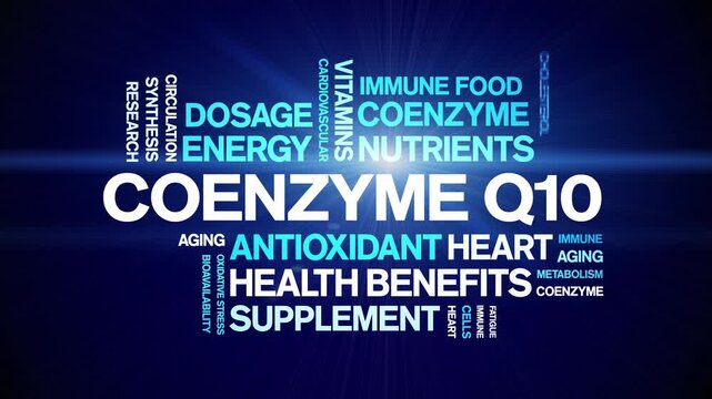 Coenzyme Q10 animated word cloud-CoQ10 text design animation tag kinetic typography seamless loop.