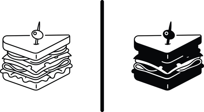 Gourmet club sandwich with olive toothpick vector icon set. Minimalist triangular deli sandwich line art symbol with outline and filled styles for cafe menu, catering, and restaurant.