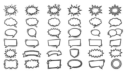 Hand drawn pop art speech bubble vector collection with halftone comic explosion balloons blank dialogue boxes and caption frames isolated on white © Hanif