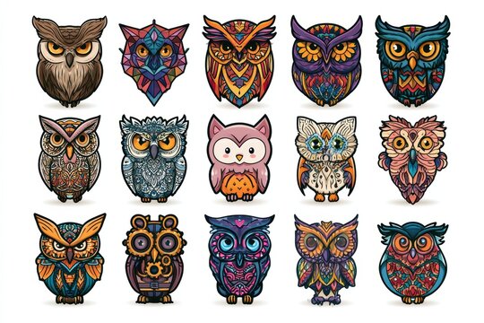 Owl illustrations cover styles like realistic, geometric, cute, and watercolor. Each is shown in thumbnail format on white background.