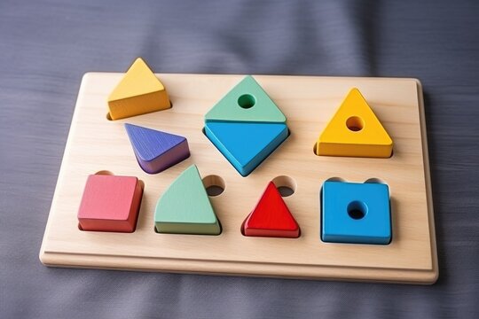 Wooden shape puzzle board with colorful geometric blocks, including triangles, square and diamond, each with a hole for gripping