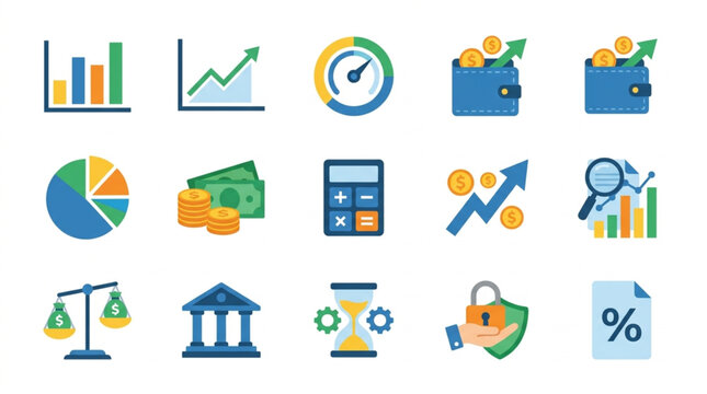 Financial Icons Representing Business Growth and Investment.