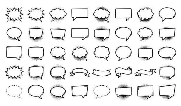 Large comic speech bubble vector set with sketch pop art halftone dialogue balloons explosion callouts and blank caption templates isolated on white background