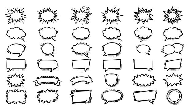 Hand drawn pop art speech bubble vector collection with halftone comic explosion balloons blank dialogue boxes and caption frames isolated on white