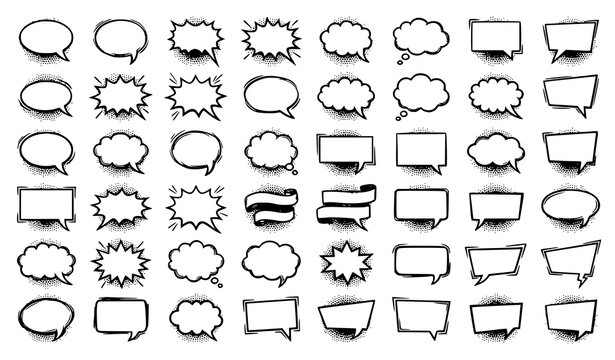 Vintage comic speech bubble vector set with pop art halftone explosion labels blank dialogue balloons and empty cartoon caption boxes isolated on white