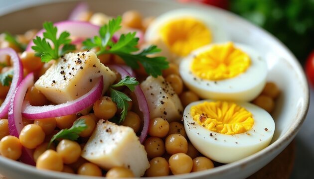 Hearty chickpea salad with chunks of cod and boiled egg halves. Garnished with red onion slices and fresh parsley leaves. Perfect for healthy Mediterranean style meals.