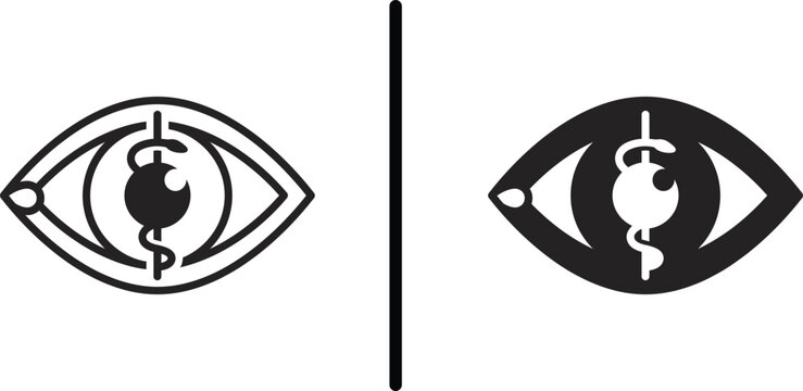 Ophthalmology medical eye clinic vector icon set. Minimalist human eye with medical caduceus snake symbol line art template for optometry, vision care, and healthcare logo.