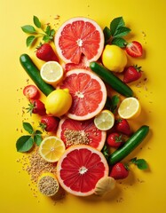 Naklejka premium Bright overhead shot of fresh fruits and vegetables arranged. Grapefruit citrus slices, lemons, strawberries, cucumbers, and grains create healthy food composition on yellow background.