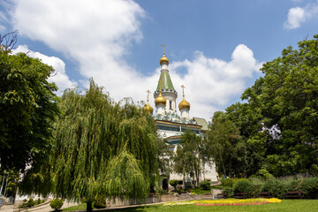 Golden domes and colorful roof details of the Russian Church in Sofia Bulgaria © Dimitar