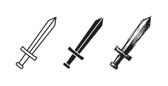 Icons of a broadsword in three presentation styles: minimalist line art, bold black silhouette, and expressive sketch