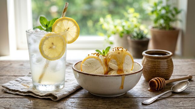 A rustic ceramic bowl filled with vanilla bean ice cream, topped with a generous drizzle of golden honey or lemon curd and sprinkled with bee pollen.