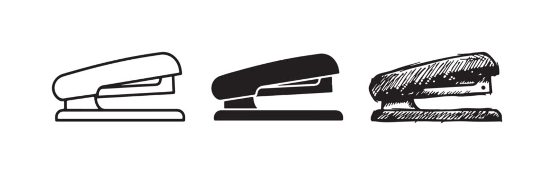 Office stapler icon set, presented in clean line art, solid silhouette, and textured sketch doodle styles for stationery concepts.