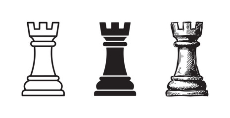 Chess rook piece icon shown in three styles: outline, solid silhouette, and hand-drawn sketch, representing strategy, games, and intellectual pursuits. © Ірина Гринюк