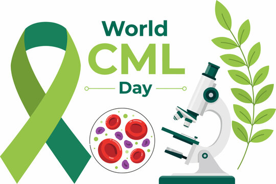 World CML Day awareness campaign illustration with green ribbon microscope and blood cells