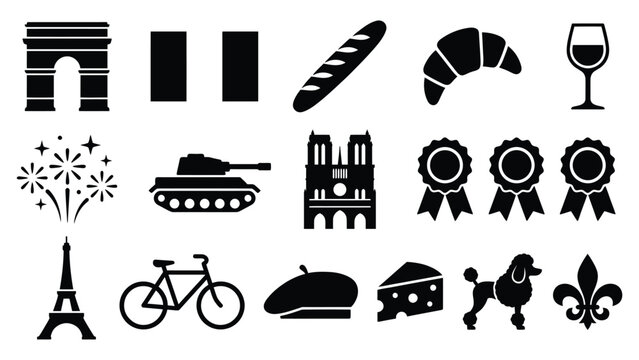 Black icons of parisian landmarks food and symbols on white background