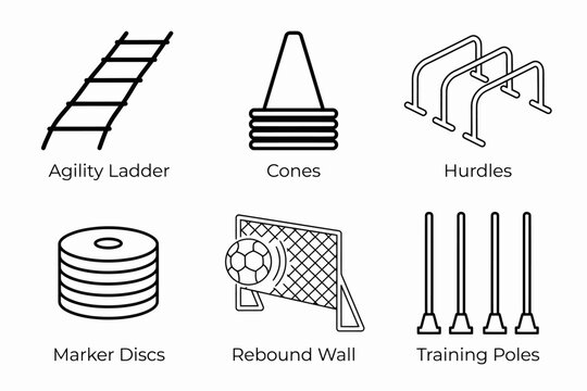 Various soccer training equipment icons for agility and practice drills