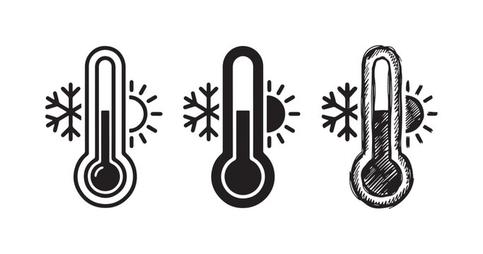 Thermometer with snowflake and sun icon showing high temperature in outline, solid, and sketch styles