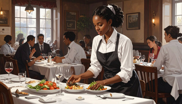 Professional waitress serving fresh food in an elegant restaurant