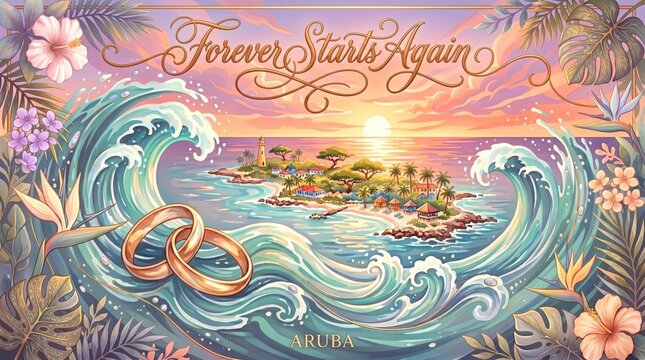 Forever Starts Again Romantic Island Escape Abstract Artwork with Ocean Waves and Tropical Paradise Inspired by Aruba