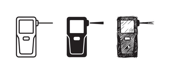 Icons of a handheld device, resembling a barcode scanner or measuring tool, with a side-emitting beam, presented in outline, solid, and hand-drawn sketch styles © Ірина Гринюк