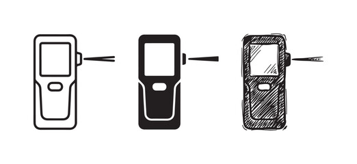 Icons of a handheld device, such as a barcode scanner or measuring tool, featuring a side-emitting V-shaped beam, in outline, solid, and sketch styles © Ірина Гринюк
