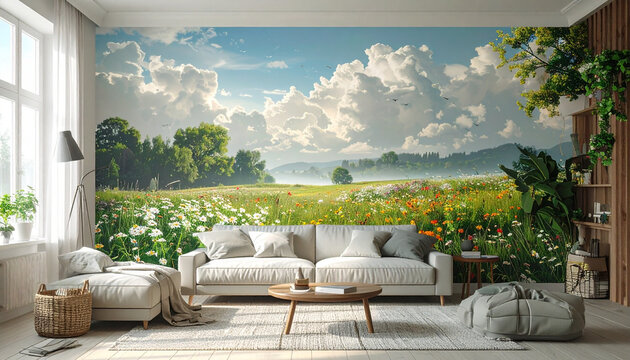 Modern living room featuring floral meadow landscape wall mural