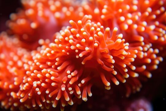 Macro closeup of orange sea anemone tentacles with white tips, soft focus background
