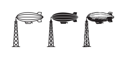 Airship blimp icon set with mooring tower in outline, solid, and hand-drawn sketch artwork, for air travel © Ірина Гринюк