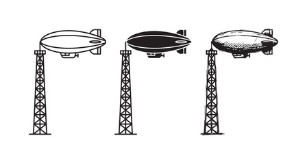 Blimp and mooring tower icon set in outline, solid, and hand-drawn sketch designs, representing air travel © Ірина Гринюк