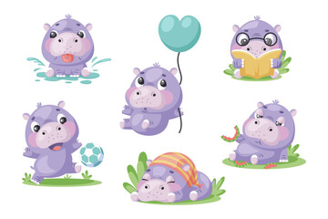 Naklejka premium Vector set of little hippos