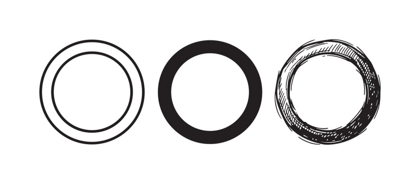 Simple circle icon set presented in outline, solid, and hand-drawn sketch styles for basic shapes