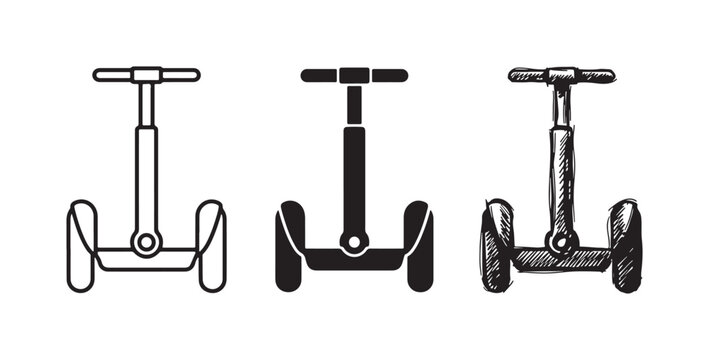 Segway Personal Transporter Vehicle Icons Set in Outline, Solid, and Hand-Drawn Sketch Styles