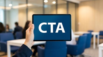 Obraz premium CTA call to action, digital marketing engagement, online advertising strategy with tablet in office setting