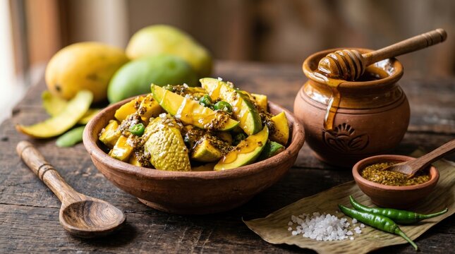 A South Asian pickle (aam ka achaar), a traditional condiment made from raw mangoes, spices, and oil.