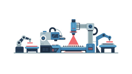 Fototapeta premium Automated factory production line featuring multiple robotic arms and a laser cutting station for precision industrial manufacturing and material fabrication processes.