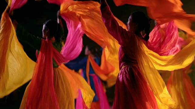 Colorful banners wave during a cultural dance performance evoking feelings of warmth and emotional depth